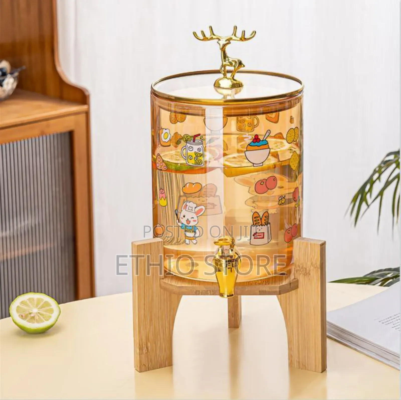 Glass Dispenser Jar With Bamboo Stand And 6 Drinking Glasses