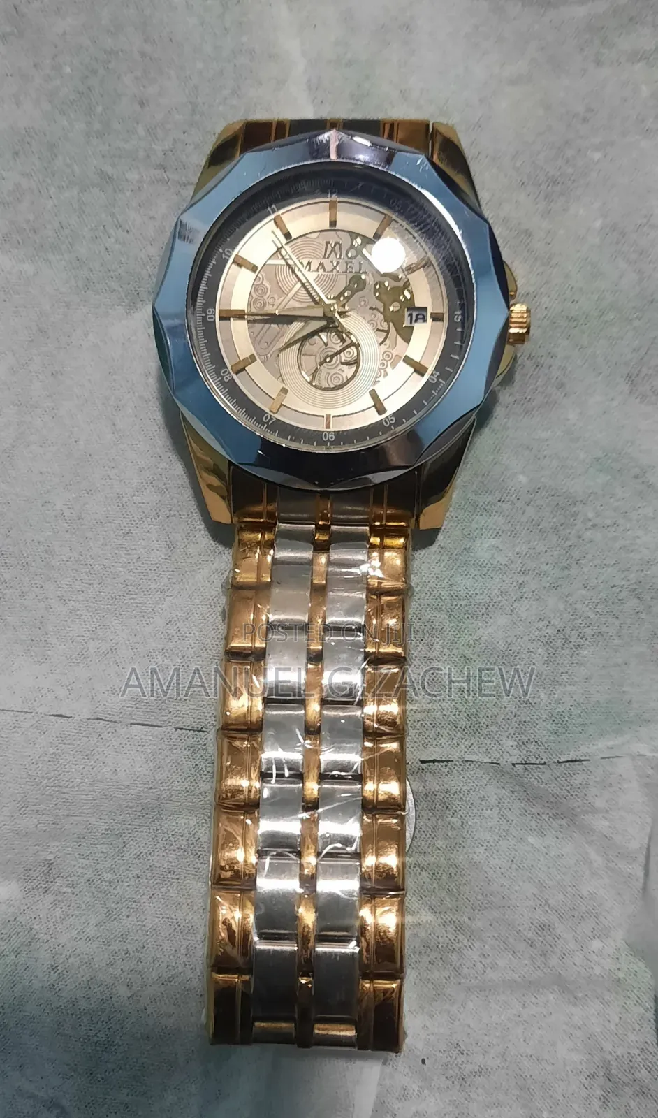 Maxel Brand Gold and Silver Man's Strap Skeleton Watch