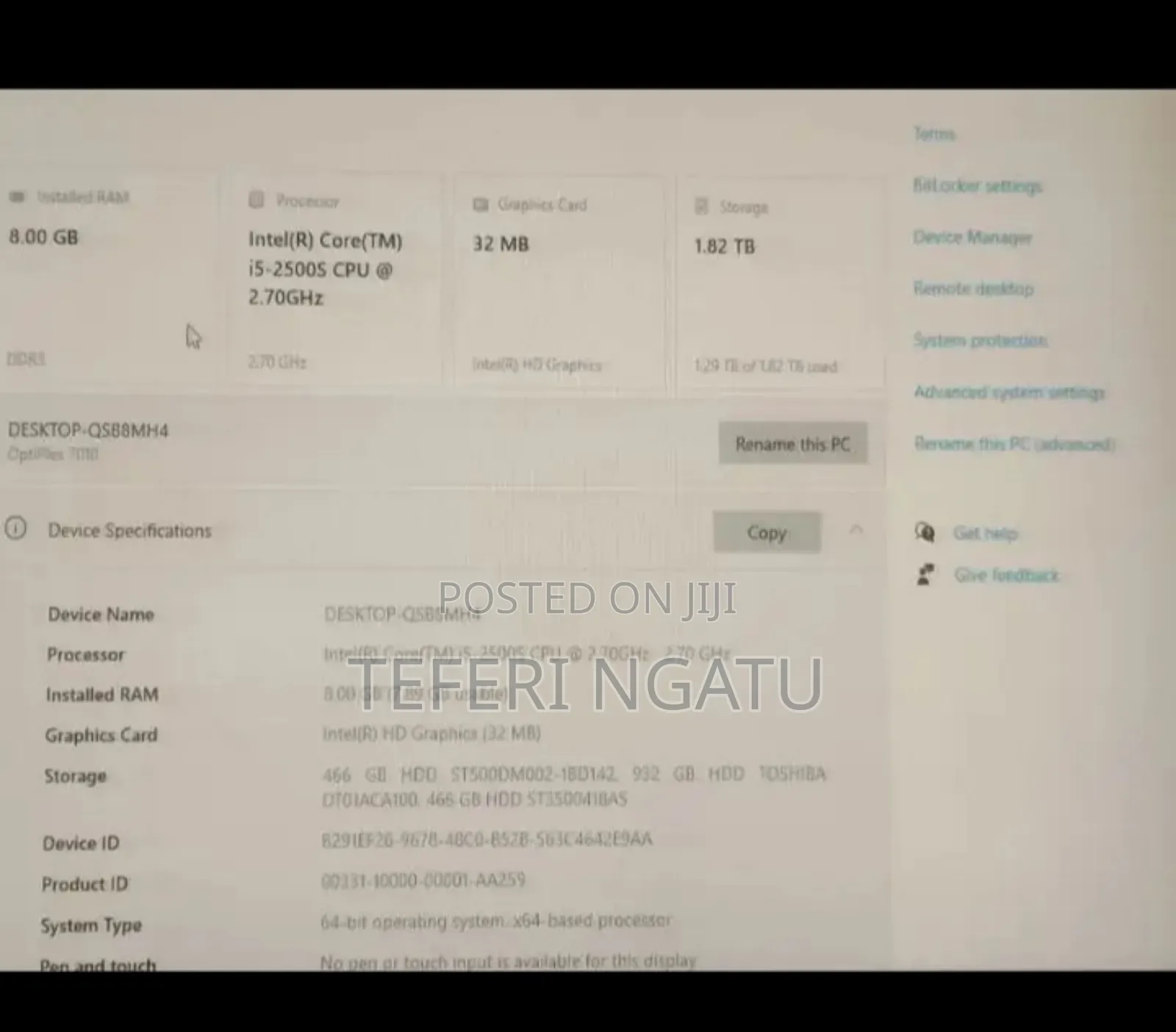 Desktop Computer Dell OptiPlex 3020 8GB Intel Core I5 HDD+SSD 2T