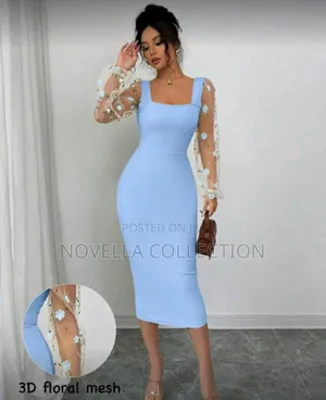 Photo - Elegant Square-Neck Floral Lace Sleeve Fitted Ruched Bodycon Dress