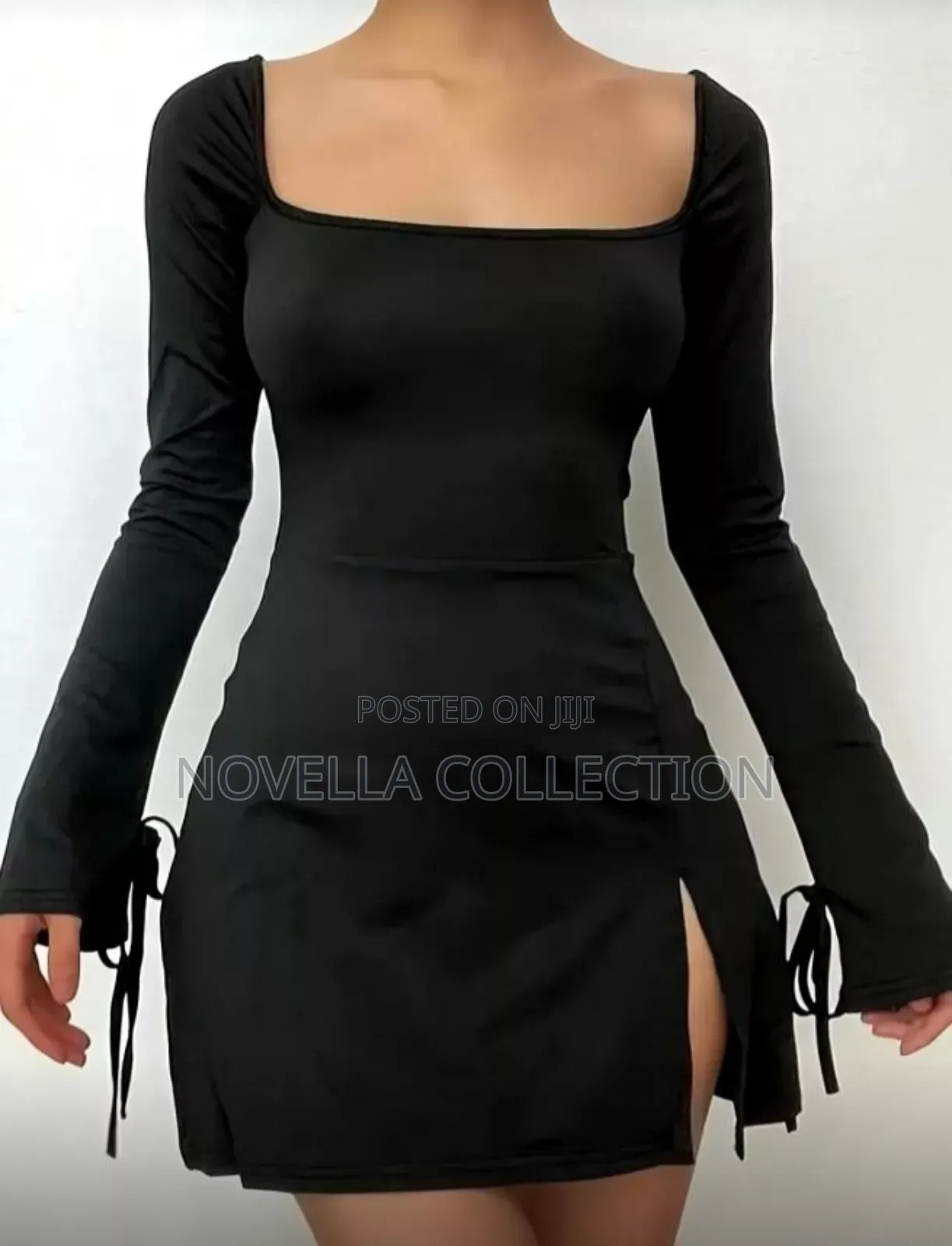 Black Long-Sleeved Bodycon Slit Hem Bodycon Dress Fall Cloth for Women
