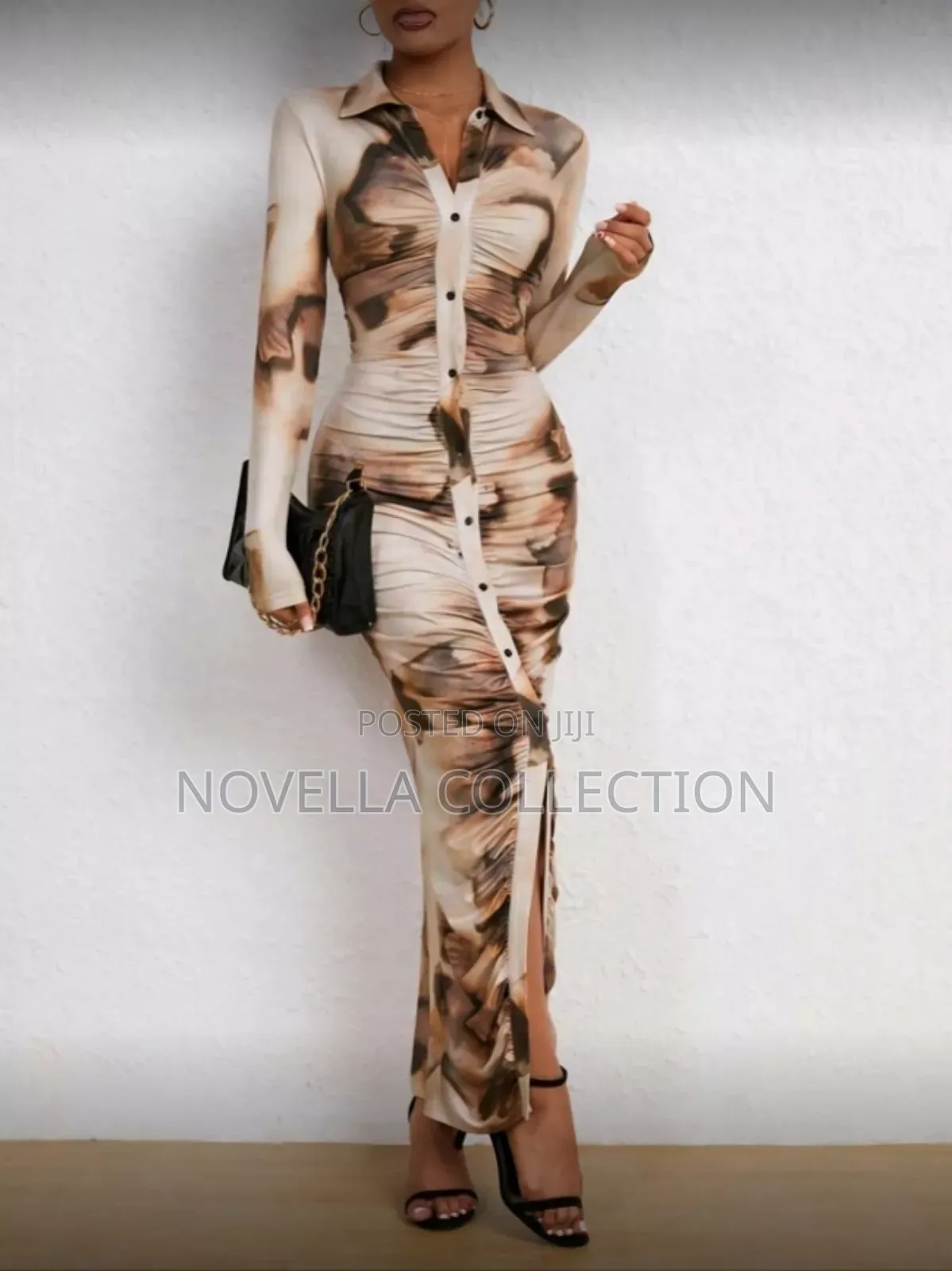 Women's Tie Dye Printed Long Sleeve Long Maxi Bodycon Elegant Dress