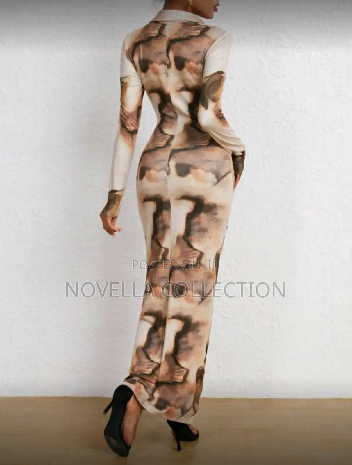 Women's Tie Dye Printed Long Sleeve Long Maxi Bodycon Elegant Dress