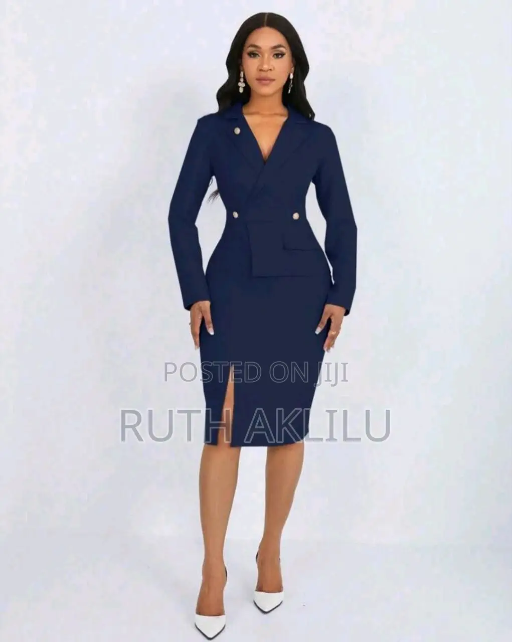 Women Elegant Navy Blue Suit Dress