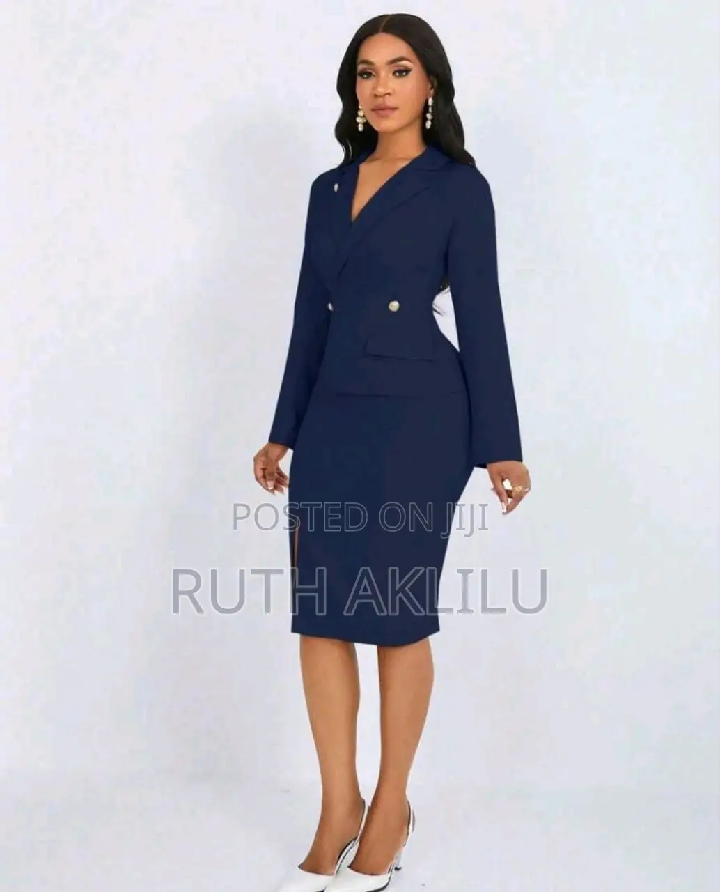 Women Elegant Navy Blue Suit Dress