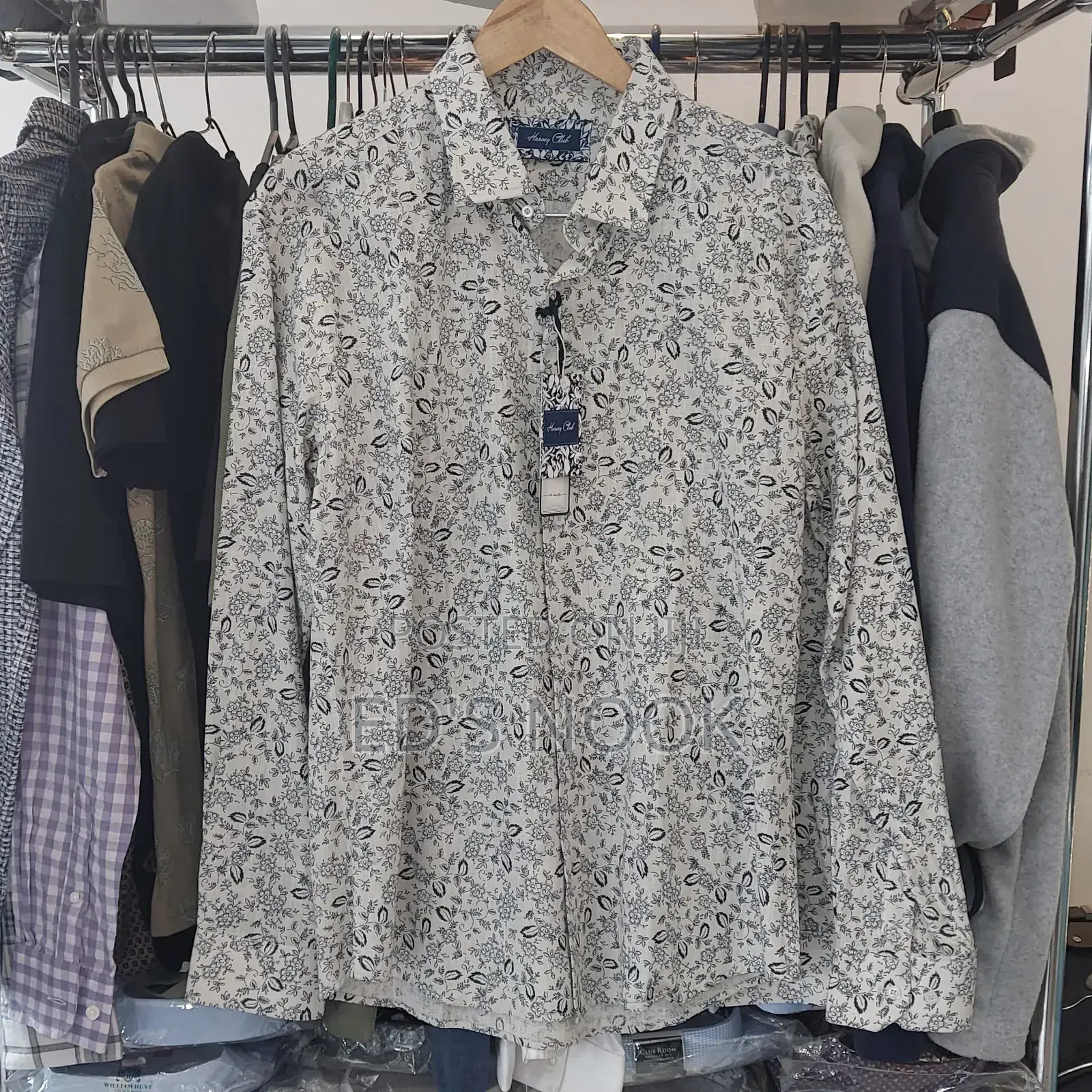 Men’S White Blueblack Floral Long-Sleeve Shirt – Clean