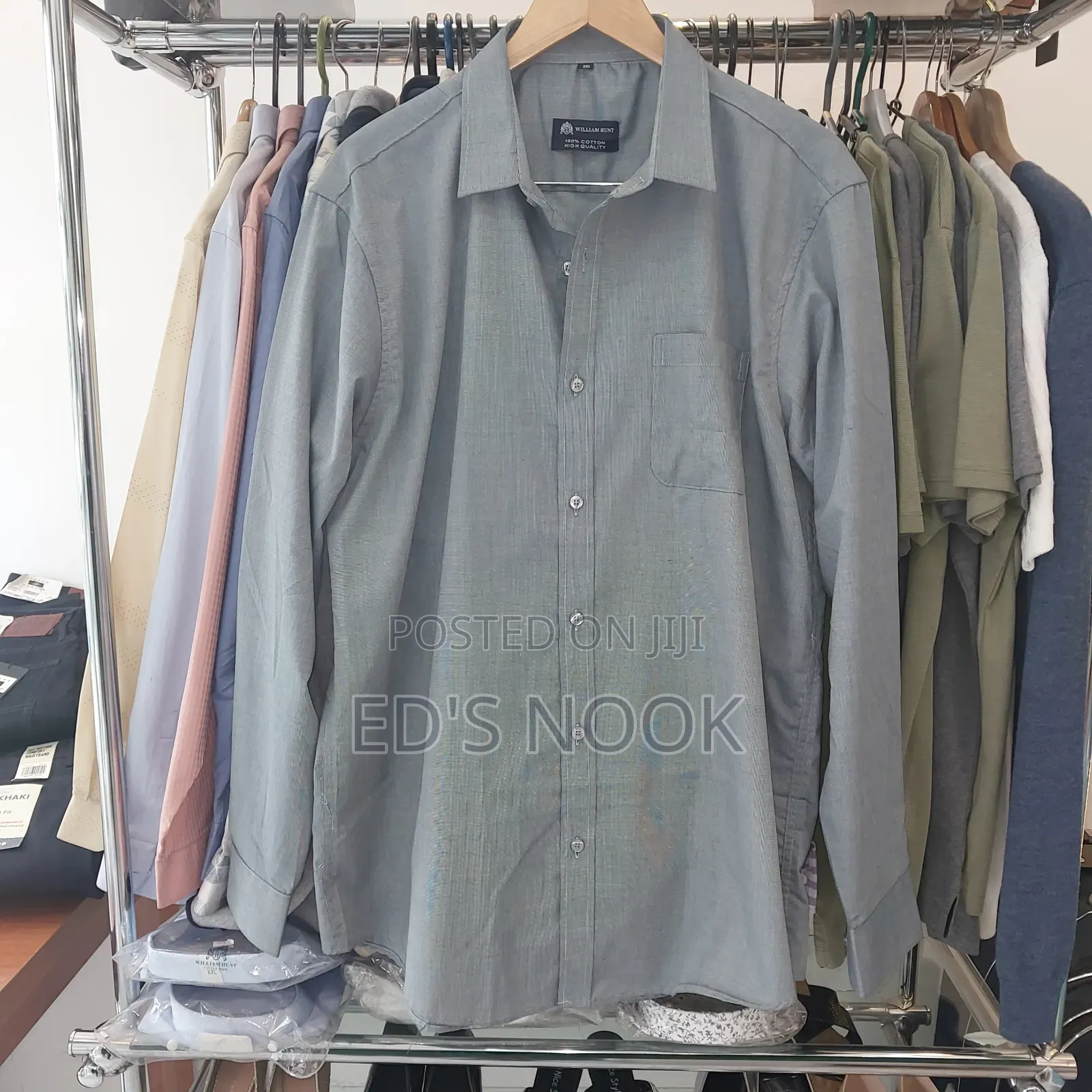Men’S Gray, Light Blue and Dark Blue Long-Sleeve Button-Up Shirt