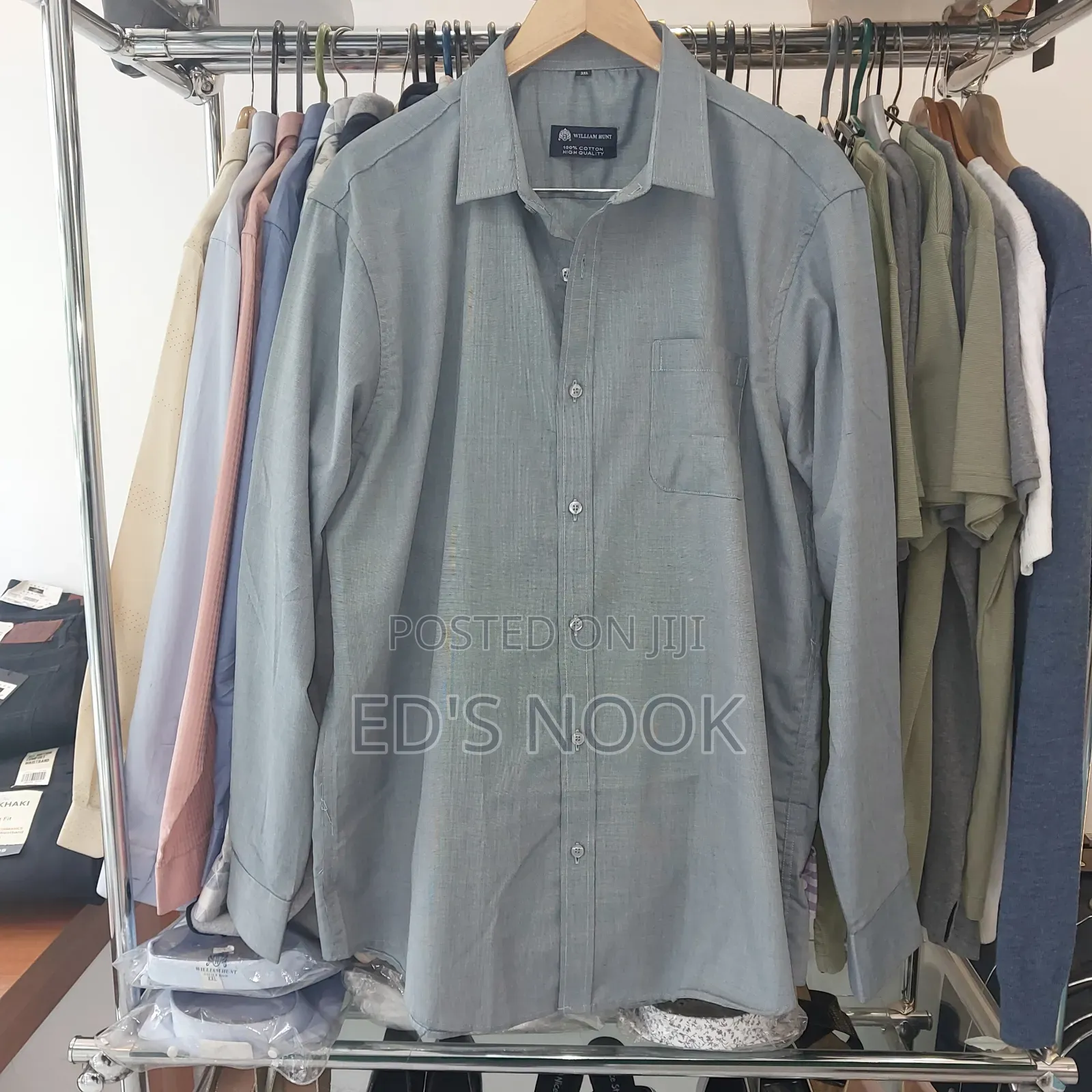 Men’S Gray, Light Blue and Dark Blue Long-Sleeve Button-Up Shirt