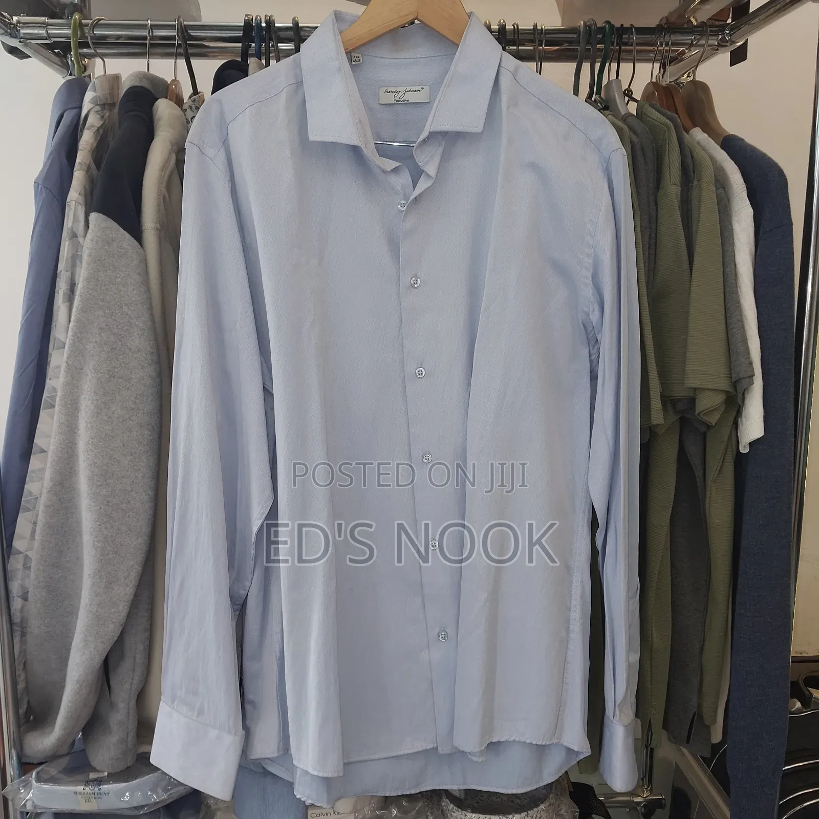 Men’S Light Blue and Dark Blue Long-Sleeve Button-Up Shirt