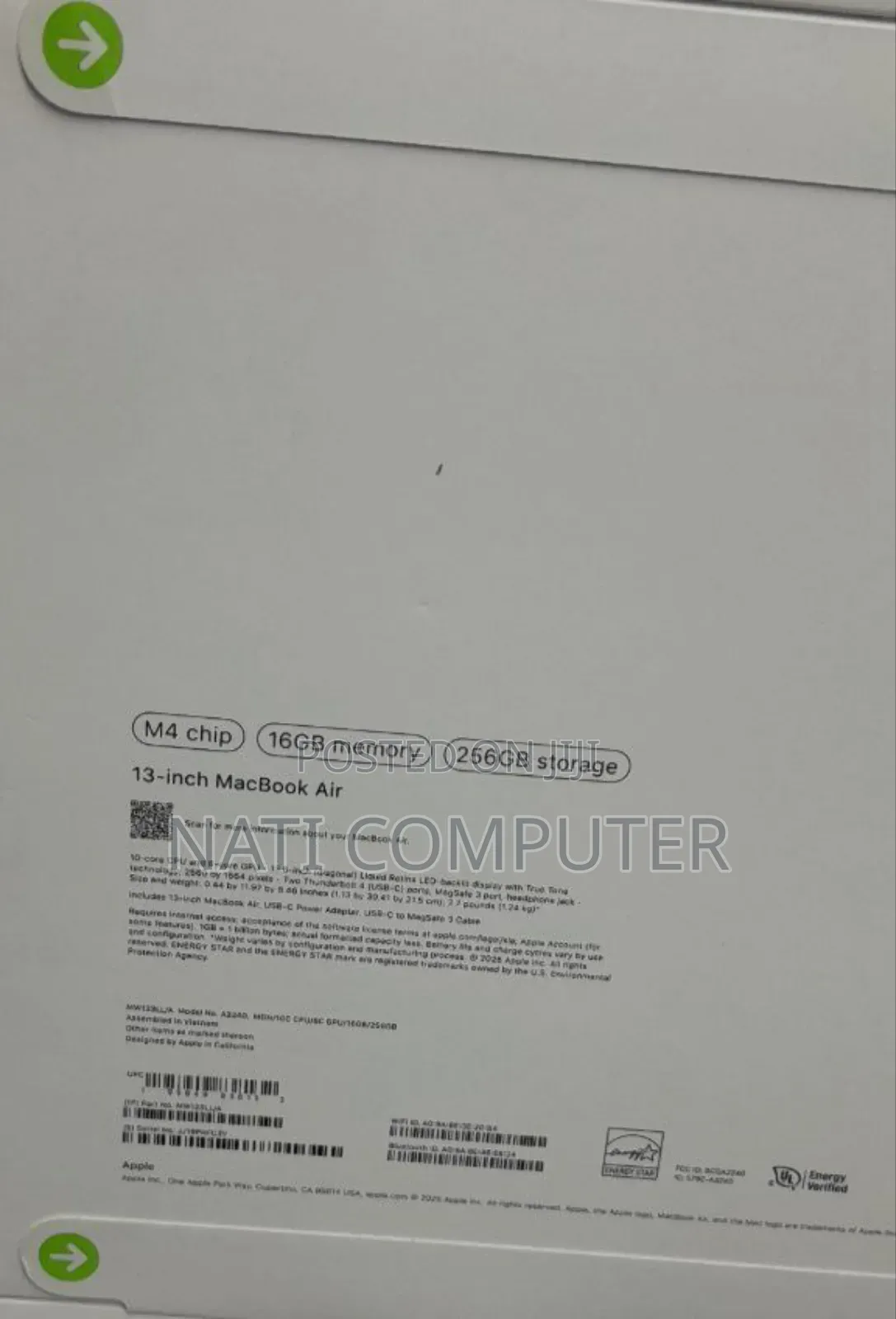 New Laptop Apple MacBook Air 2025 M4 13-Inch 16GB Apple M4 SSD 256GB