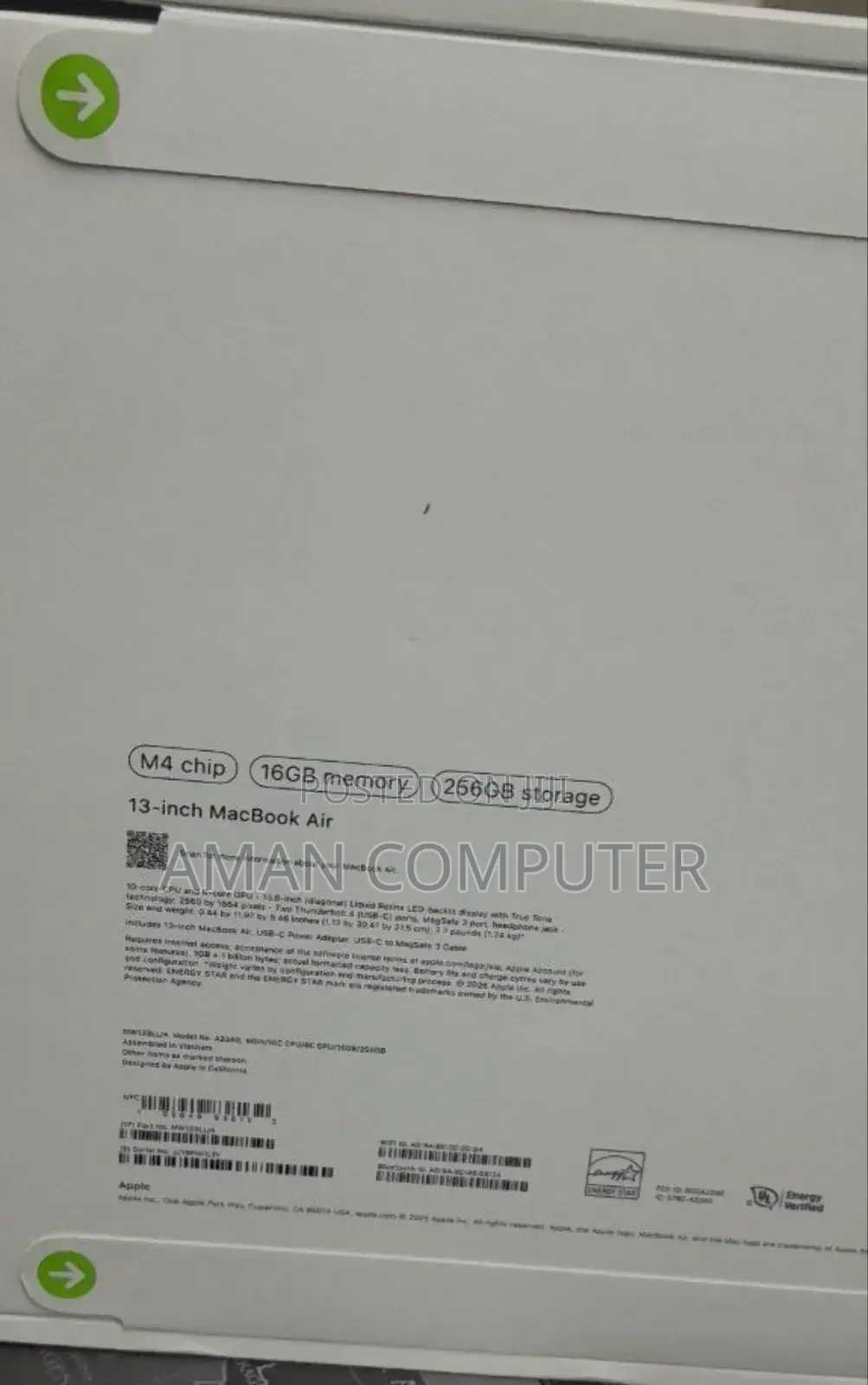 New Laptop Apple MacBook Air 2025 M4 13-Inch 16GB Apple M4 SSD 256GB