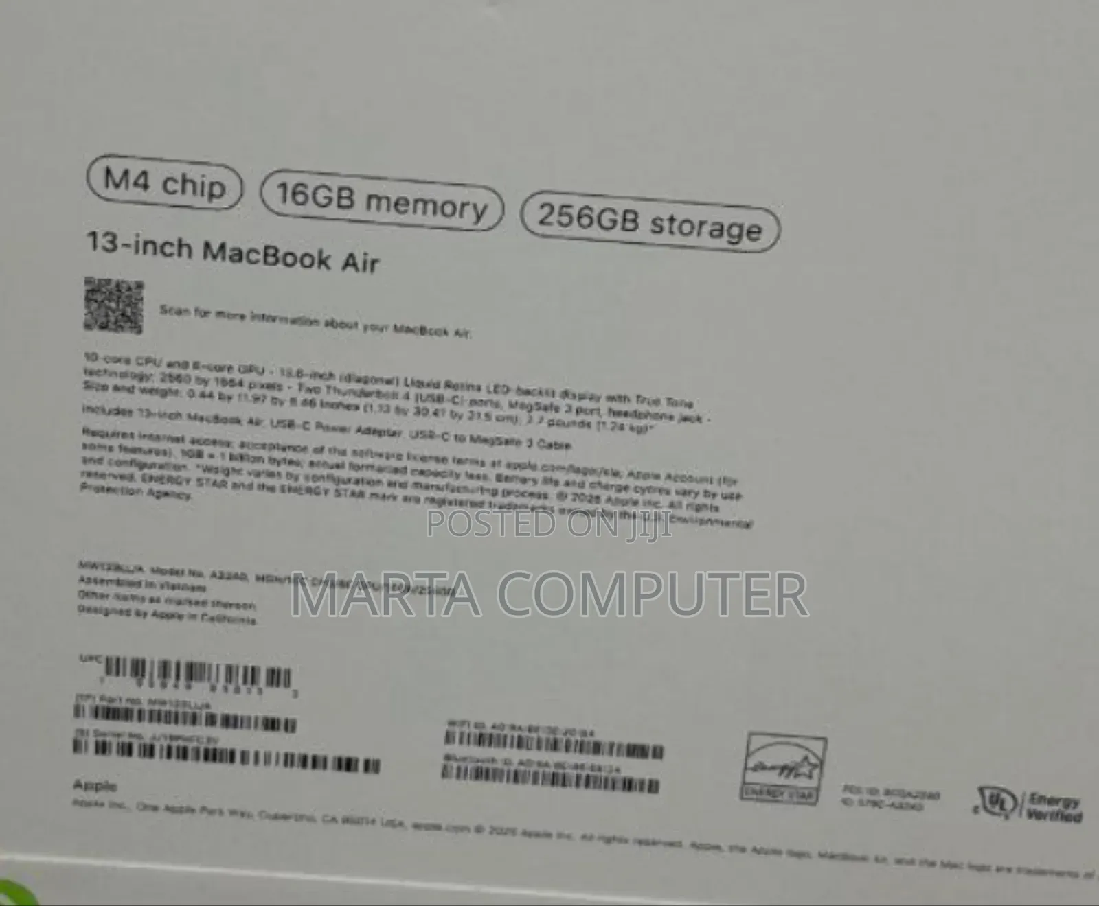 New Laptop Apple MacBook Air 2022 M2 16GB Apple M4 SSD 256GB