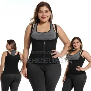 Black Neoprene Waist Trainer Vest With A Zipper Closure.