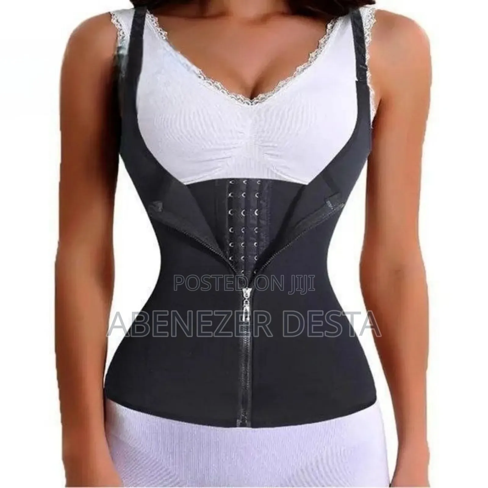 Black Neoprene Waist Trainer Vest With A Zipper Closure.