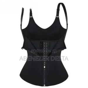 Black Neoprene Waist Trainer Vest With A Zipper Closure.