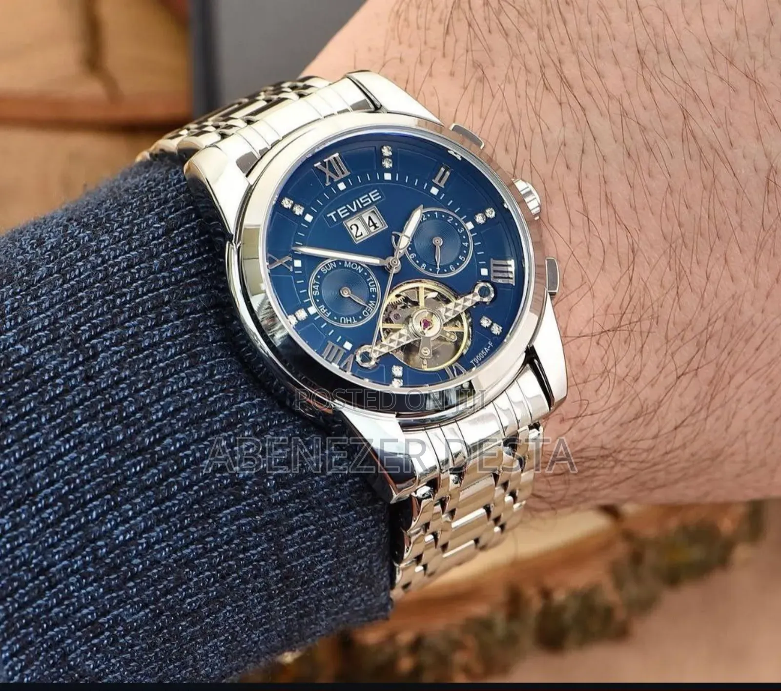 Tevise T9005a-F Automatic Mechanical Watch With a Blue Dial, Stainless