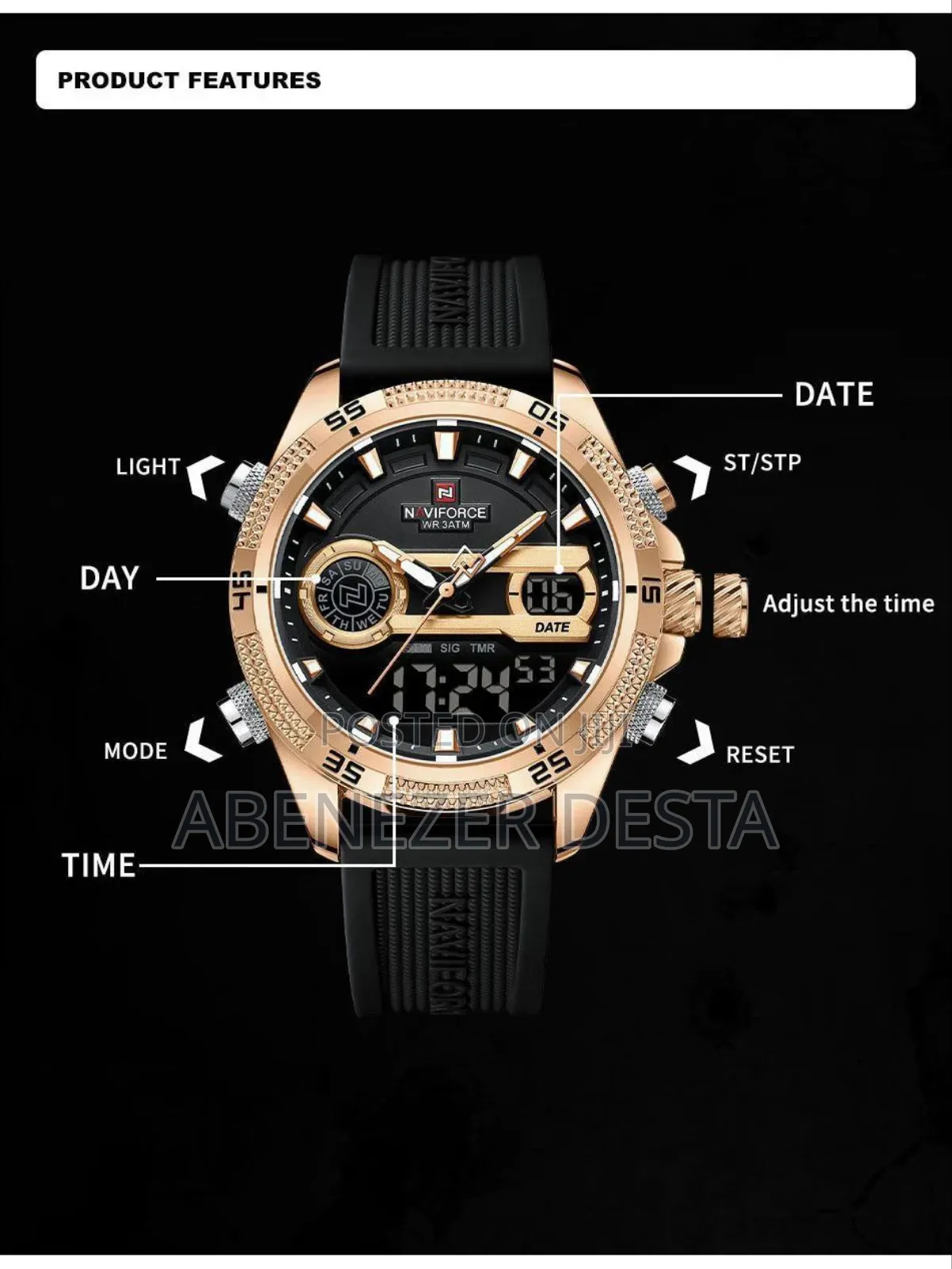 Nf9223 Black-Rosegold Silicone Strap Digi-Analog Mens Watch