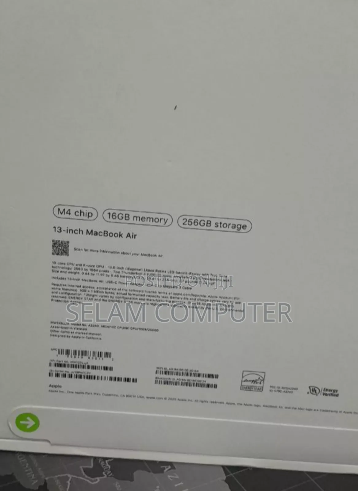 New Laptop Apple MacBook Air 16GB Apple M4 SSD 256GB