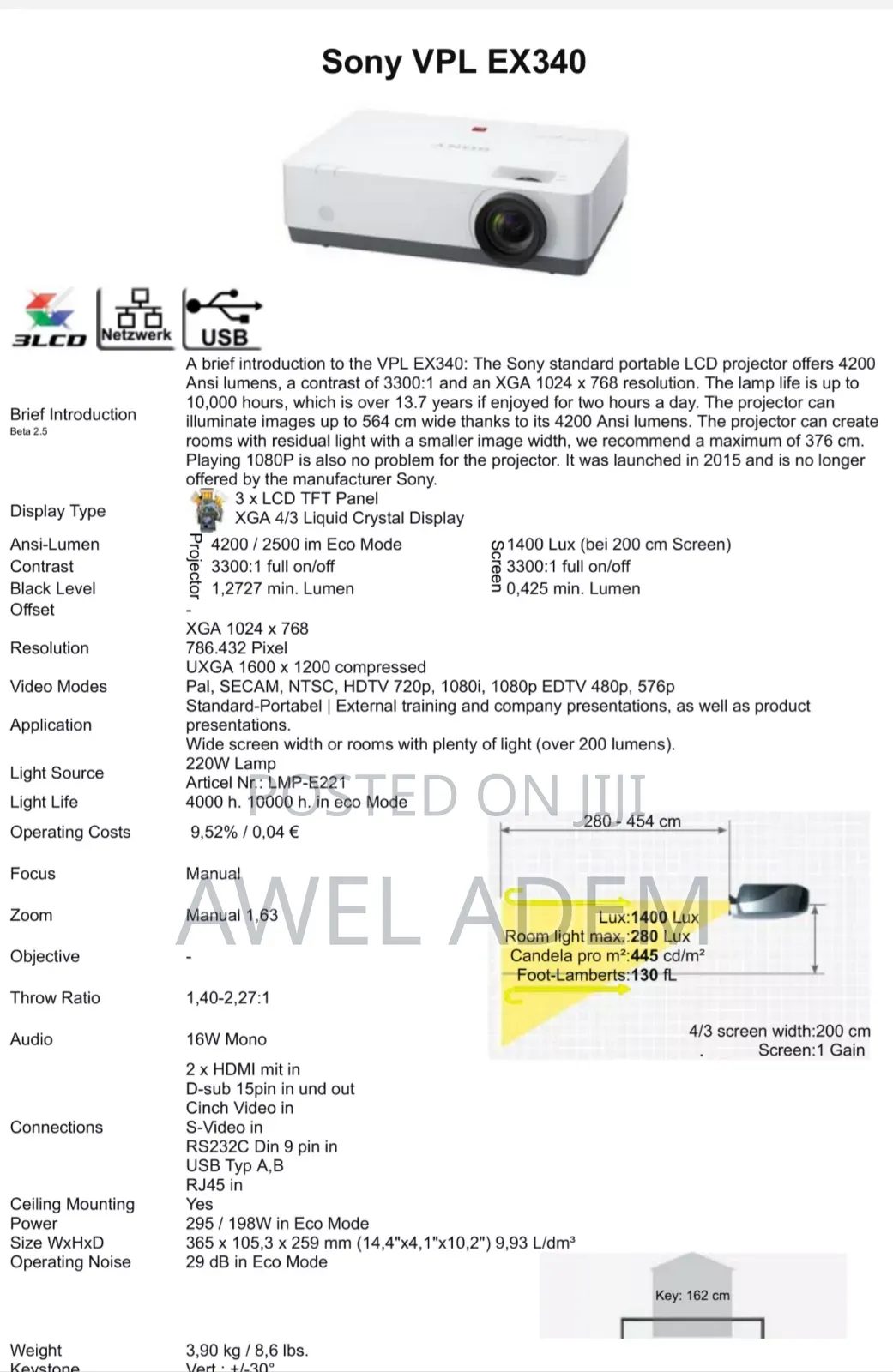 Sony VPL-Ex340 3lcd Full Hd Wifi Wireless Cinema Projector 3,800 Lum