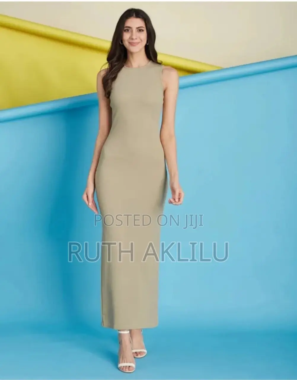 Women Beige Bodycon Round Neck Dress