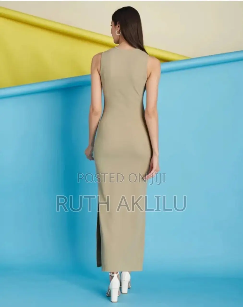 Women Beige Bodycon Round Neck Dress