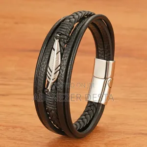 Photo - Genuine Leather Multi-Strand Bracelet With a Silver Stainless Steel