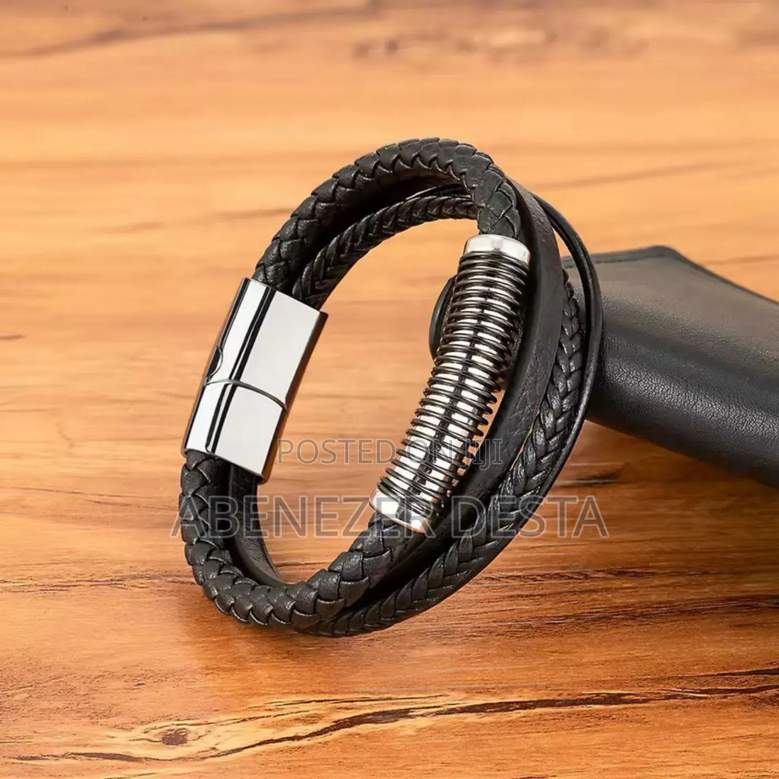 Brown Black Braided Leather Bracelet With a Stainless Steel Magnetic