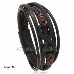 Brown Black Braided Leather Bracelet With a Stainless Steel Magnetic