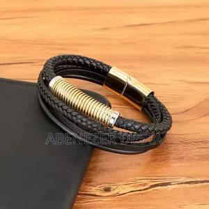 Photo - Xqni Black Braided Leather Bracelet With a Stainless Steel