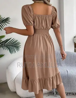 Solid Puff Sleeve Square Neck Waist Dress