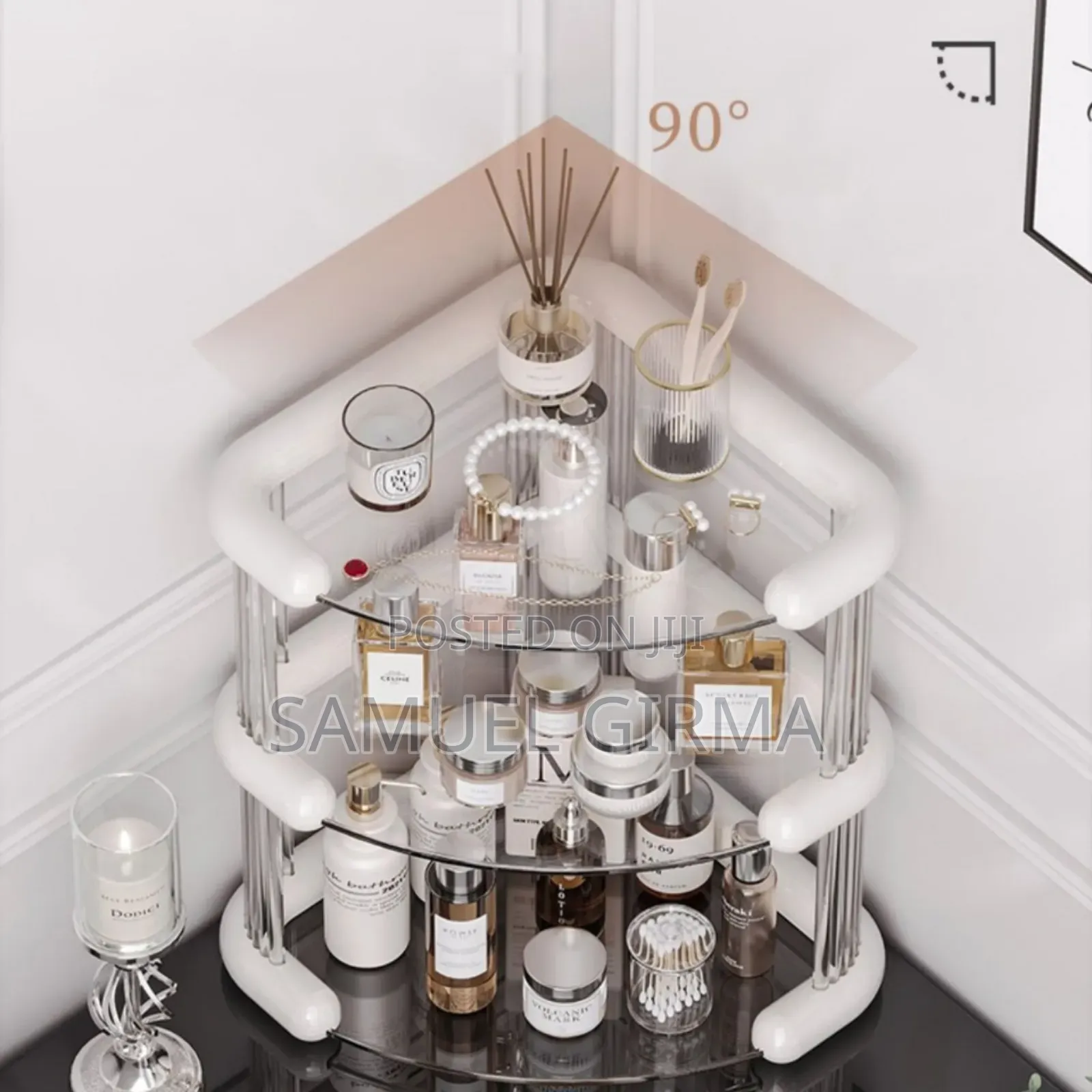 በቀላሉ የሚገጣጠም የኮስሞቲክስ ማስቀመጫ3 Tiers Corner Cosmetics Storage Shelf