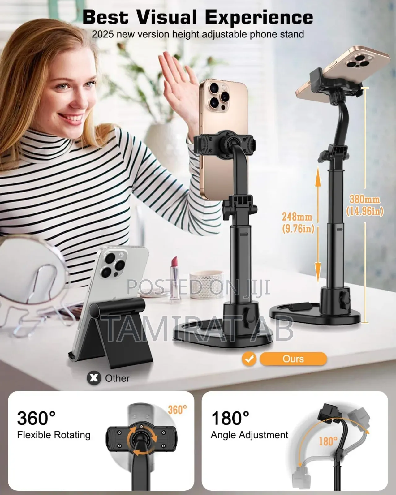 Adjustable Phone Stand for Desk, Height Adjustable, and 360° Rotation