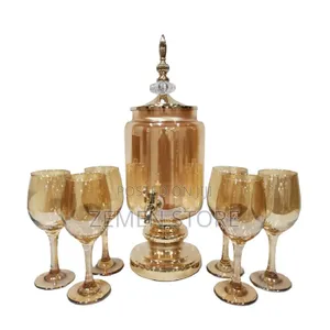 7-piece Glassware Set – Red Gold Beverage Dispenser With 6 Glasses