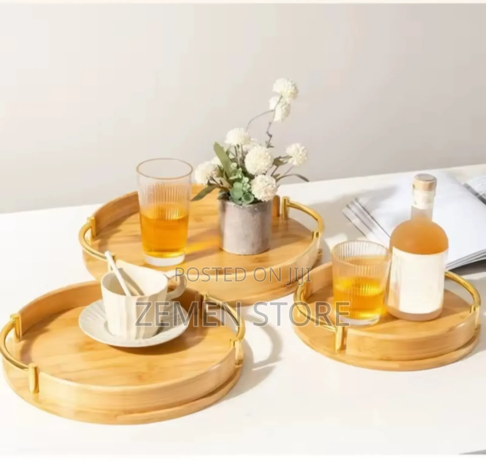 3 Pcs Premium Bamboo Serving Tray Set With Gold Handles