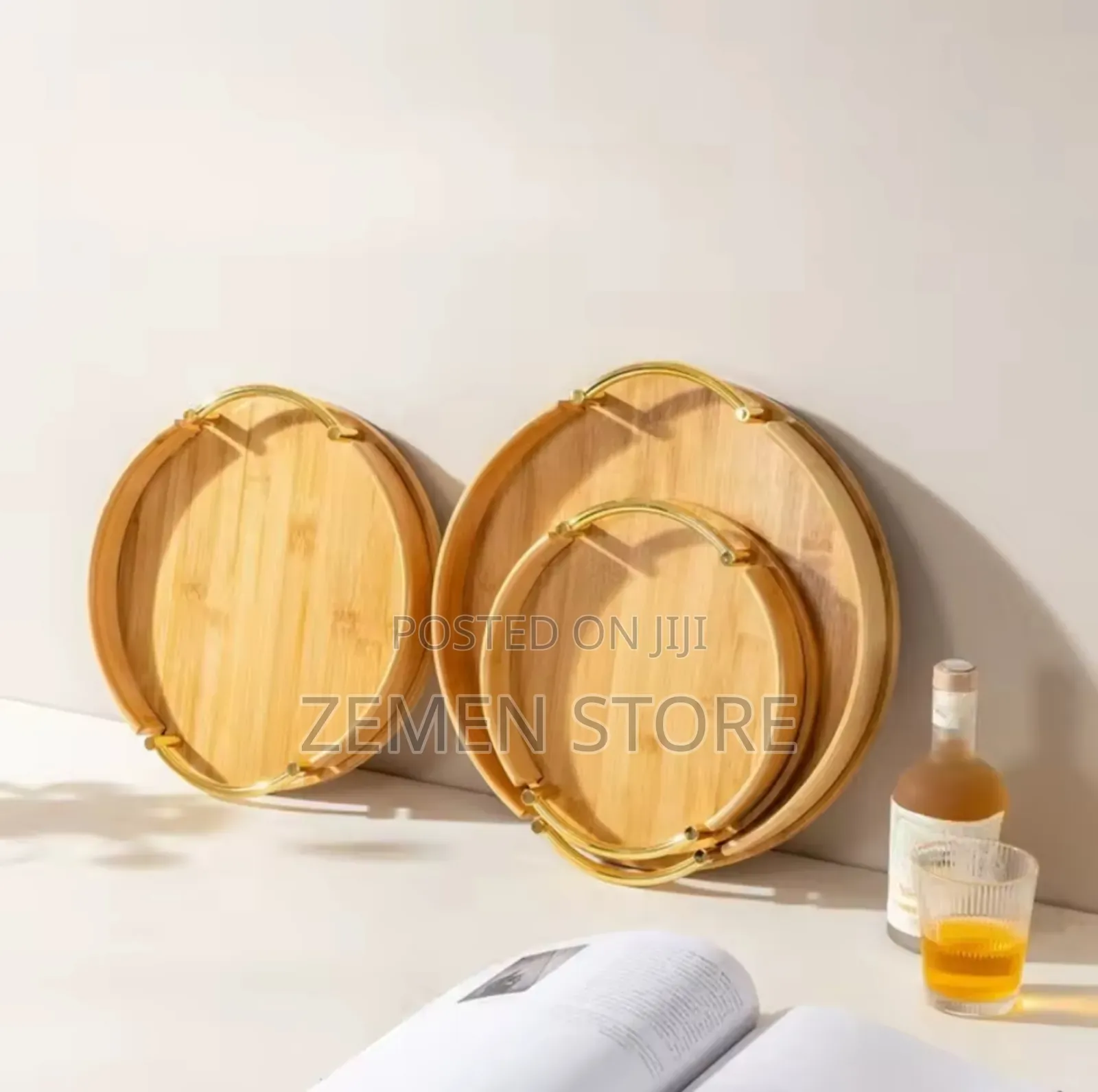 3 Pcs Premium Bamboo Serving Tray Set With Gold Handles