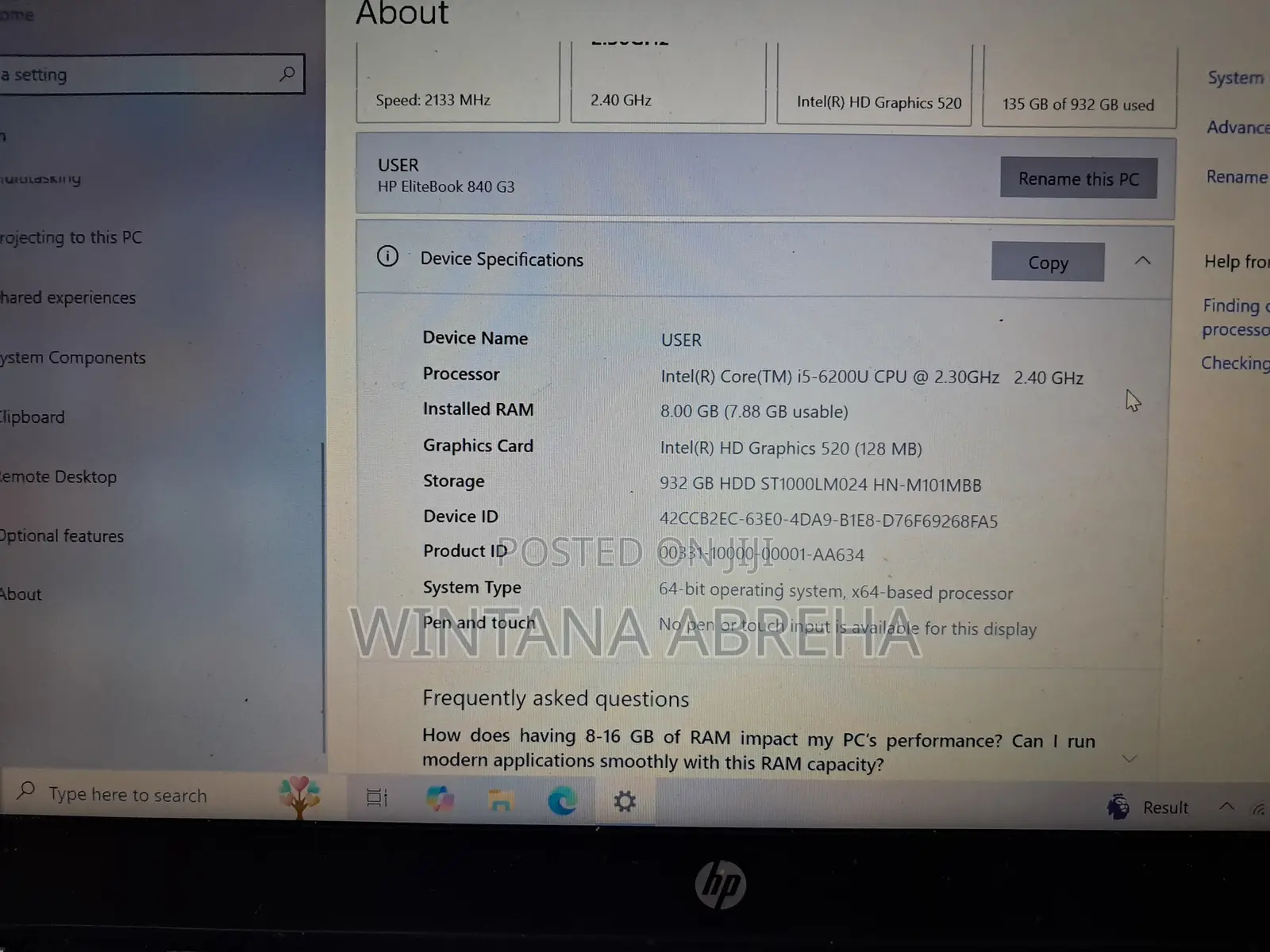 Laptop HP EliteBook 840 8GB Intel Core I5 HDD 1T