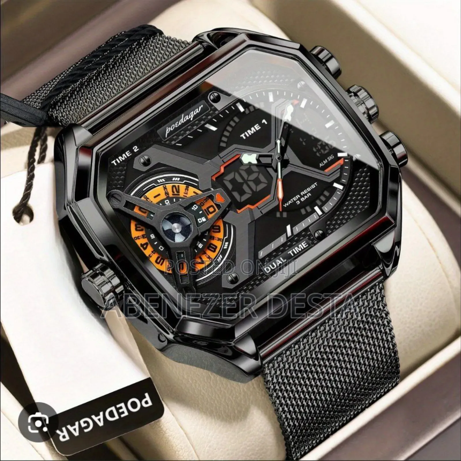 Poedagar New Edition Dual Time Mesh Chain Men's Wrist Watch - Black