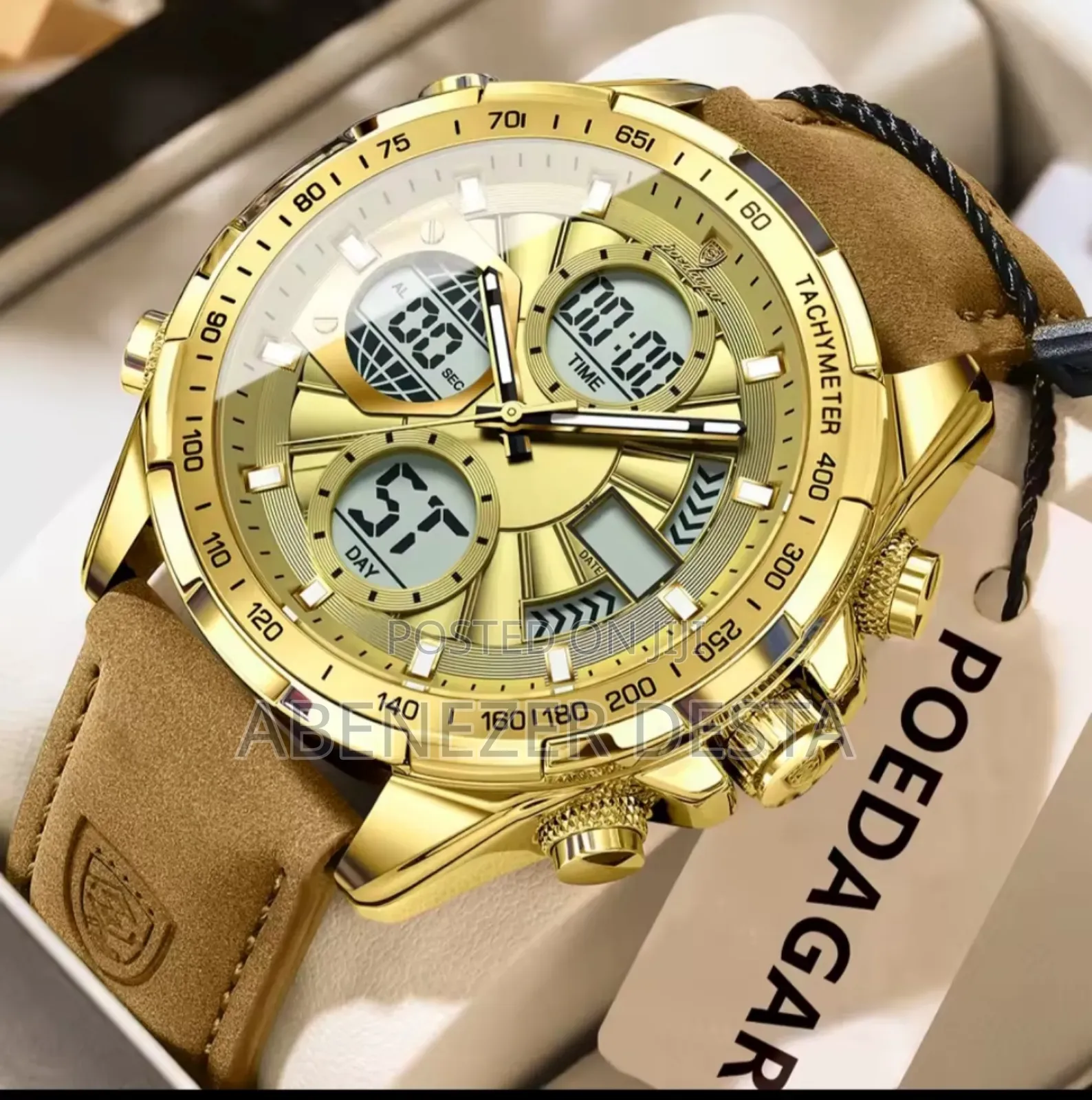 Gold-Toned Poedagar E108 Men's Watch With a Brown Leather Strap.
