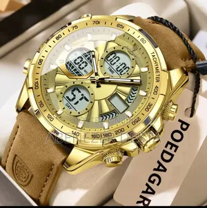 Gold-Toned Poedagar E108 Men's Watch With a Brown Leather Strap.