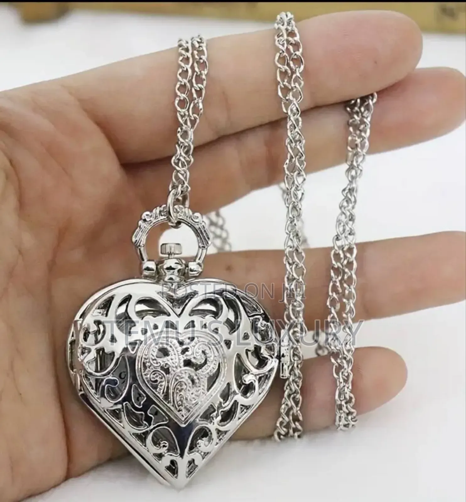 Women Silver Heartshaped Pocket Watch With Chain Gift for Ladies