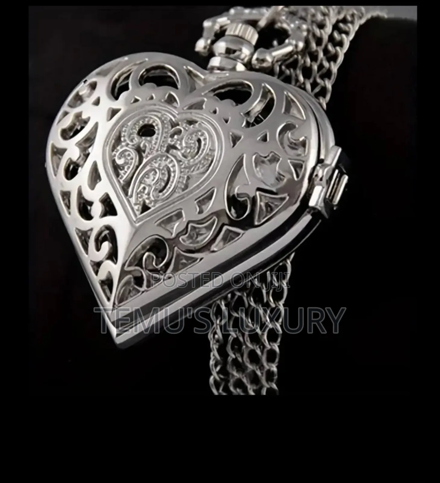 Women Silver Heartshaped Pocket Watch With Chain Gift for Ladies