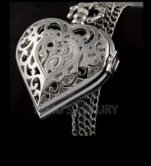 Women Silver Heartshaped Pocket Watch With Chain Gift for Ladies