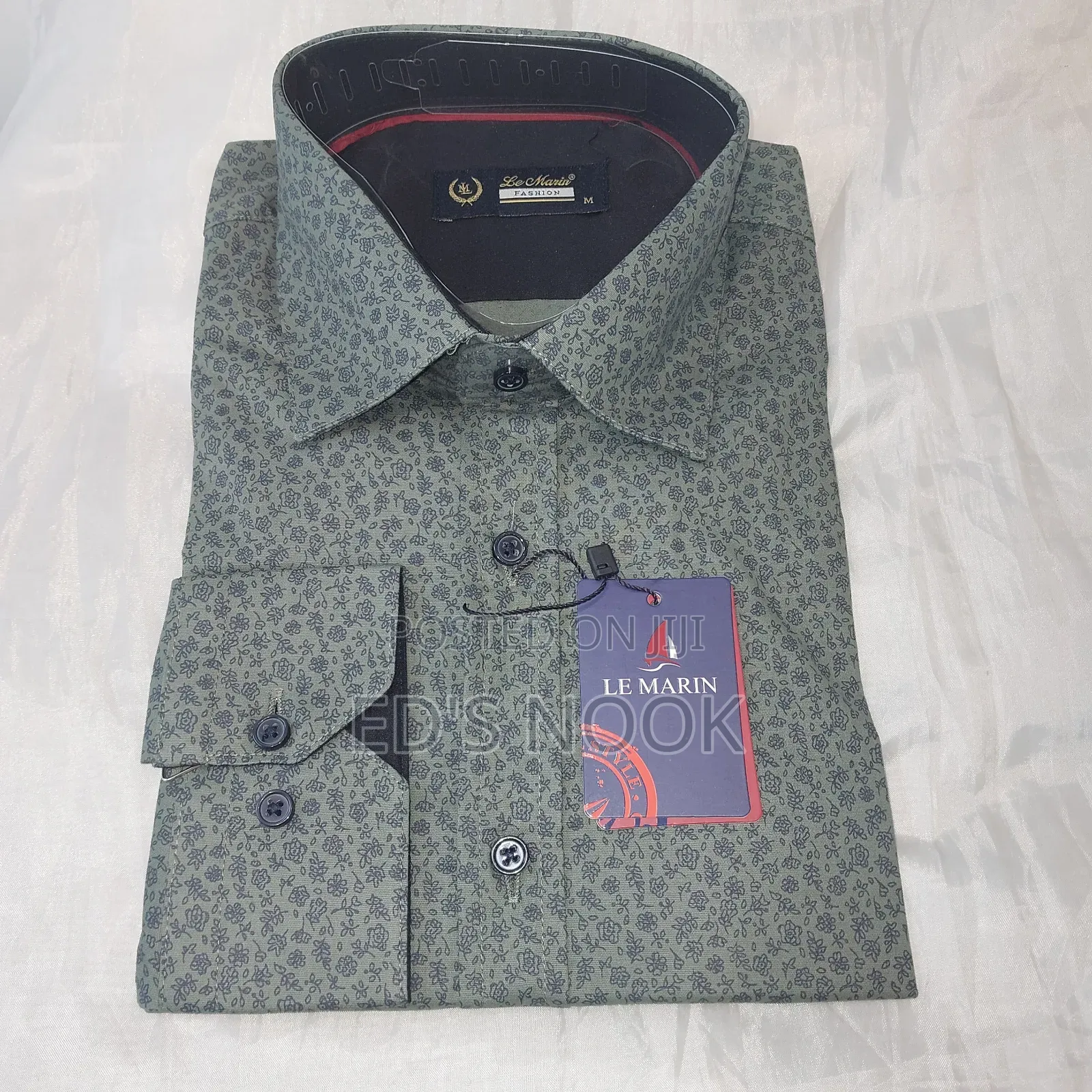 Men’S Green Long-Sleeve Button-Up Shirt With Blue Floral Pattern