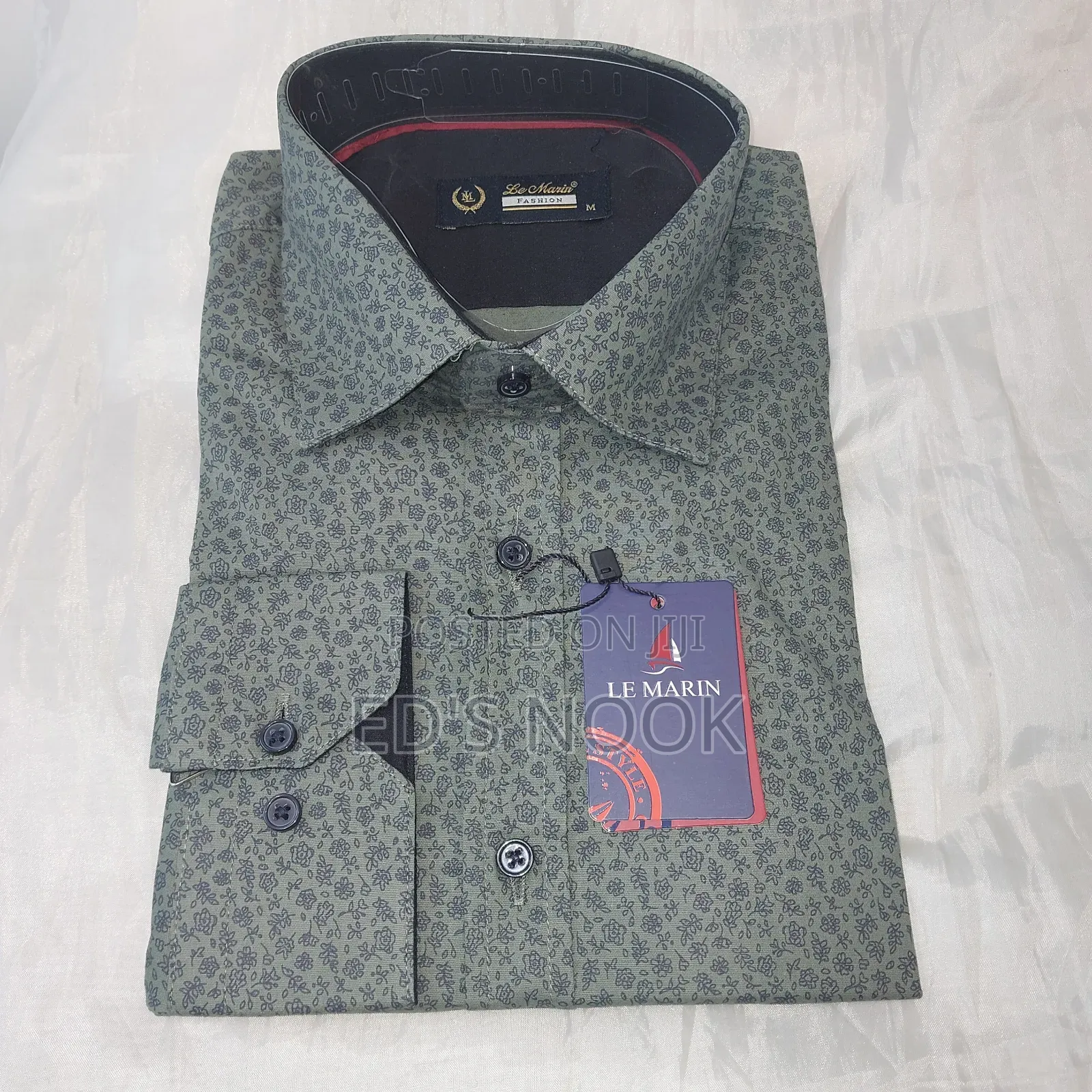 Men’S Green Long-Sleeve Button-Up Shirt With Blue Floral Pattern