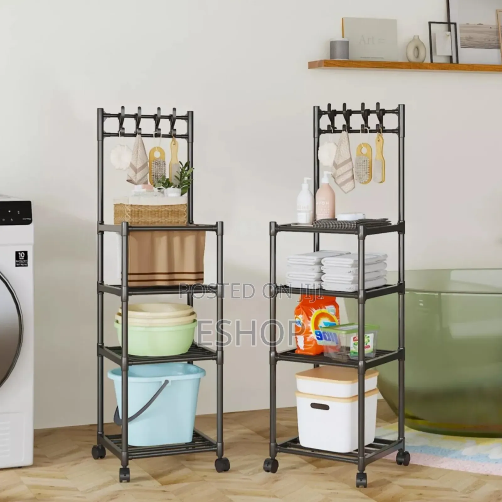 Sturdy Metal Shelving Unit With Hooks and Wheels