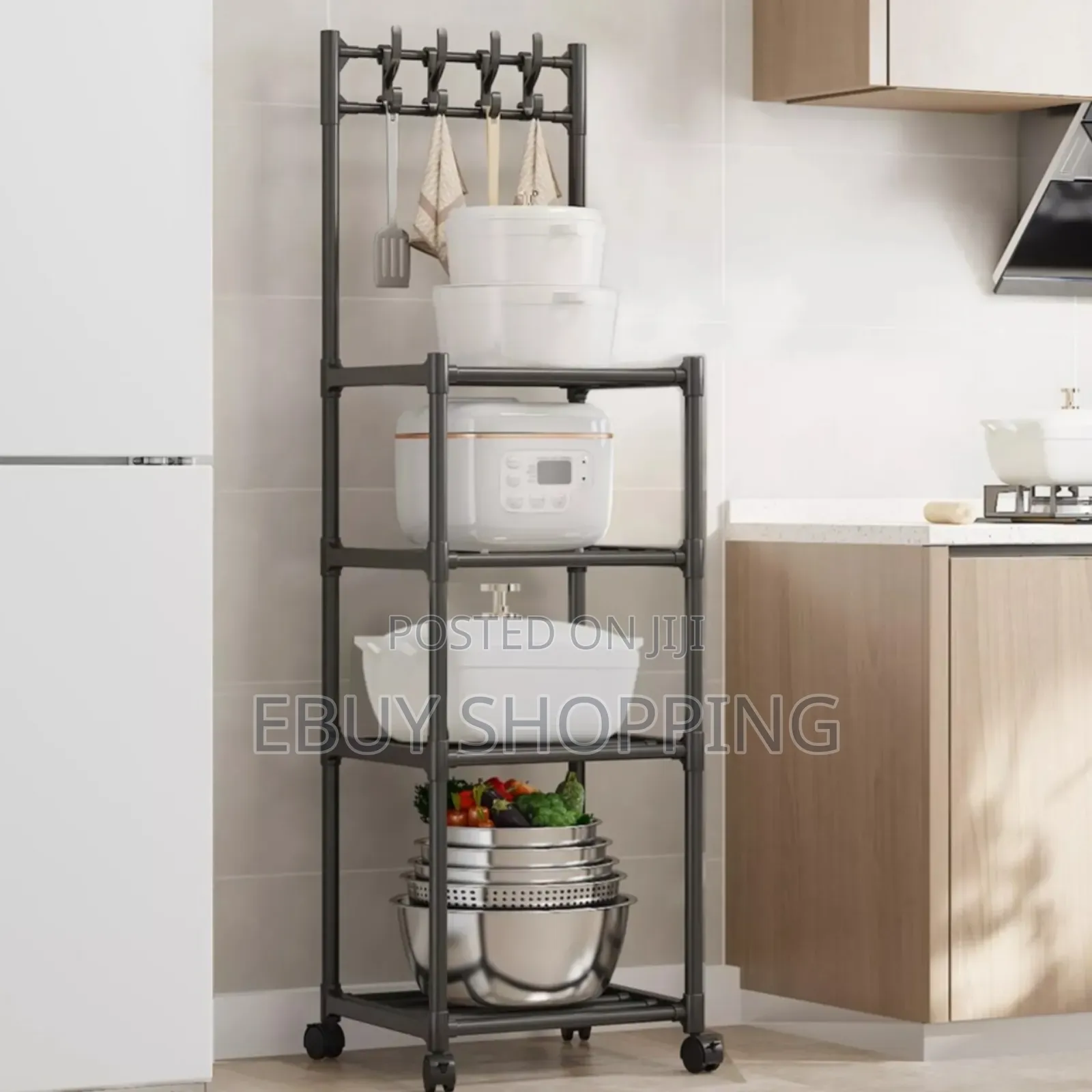 Freestanding Kitchen Cart With Hanging Hooks