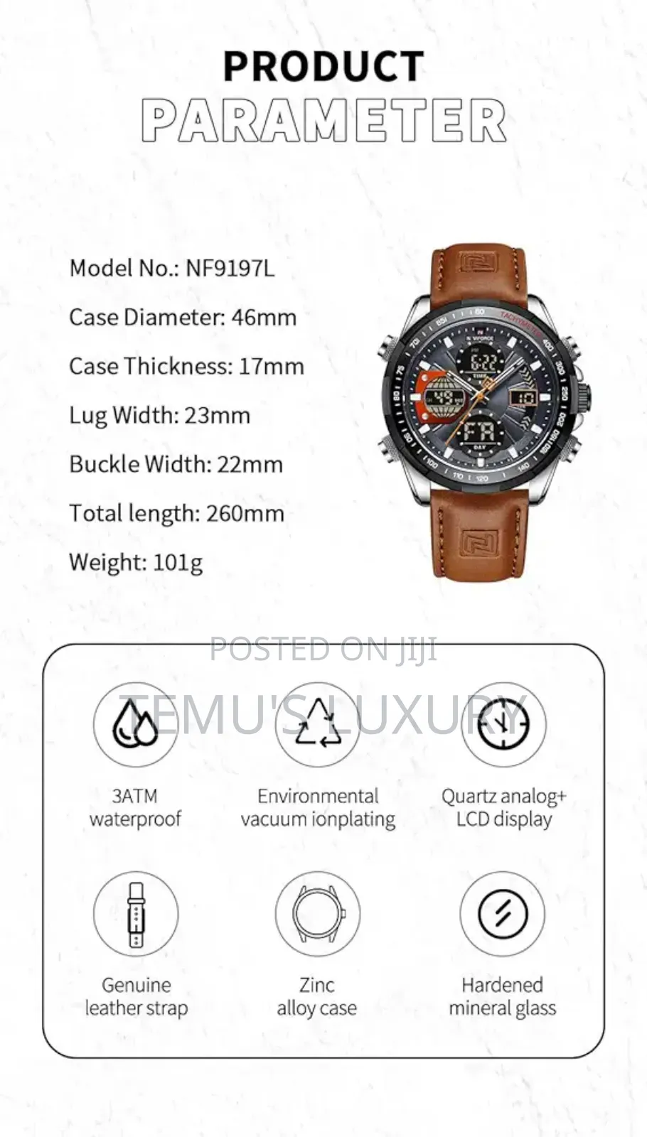 Naviforce 9197l Dual Display Waterproof Quartz Genuine Leather Watch