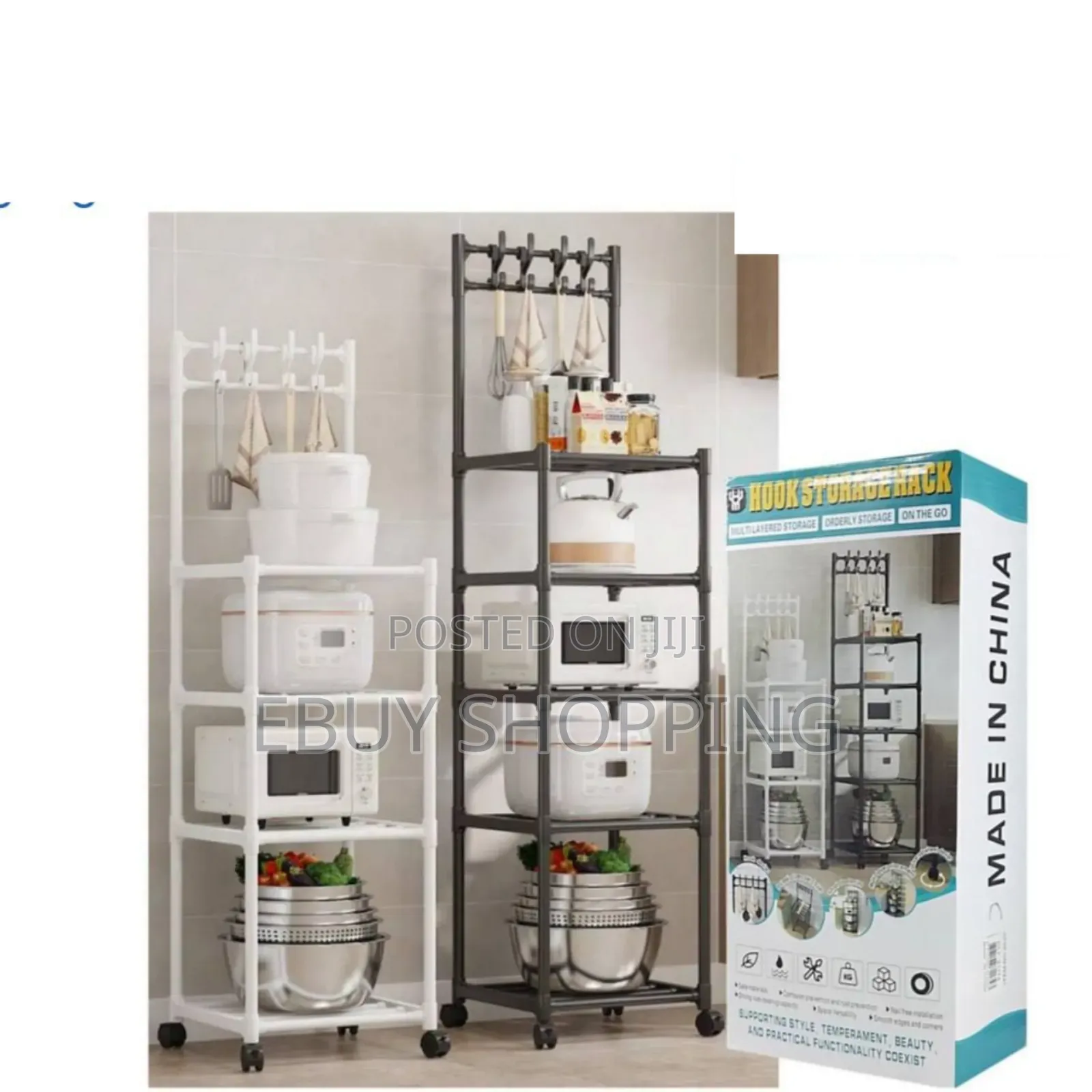 Multi-Purpose Rolling Shelf Unit With Hooks