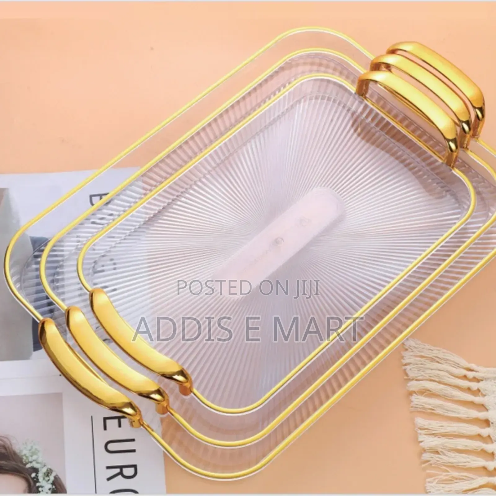 3 Sets Serving Acrylic Tray With Golden Handle