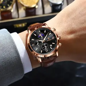 Poedagar Quartz Watch With a Rose Gold-Tone Case and a Brown Leather